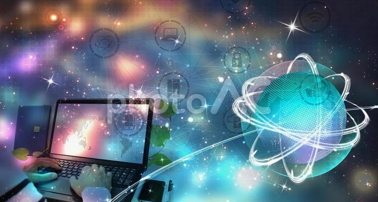 銀河に浮かぶデジタル地球とネットワーク デジタル,宇宙,ビジネスの写真素材