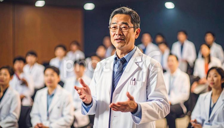 男性医師が壇上で発表、説明をする勉強会 看護師,研修,医療従事者の写真素材