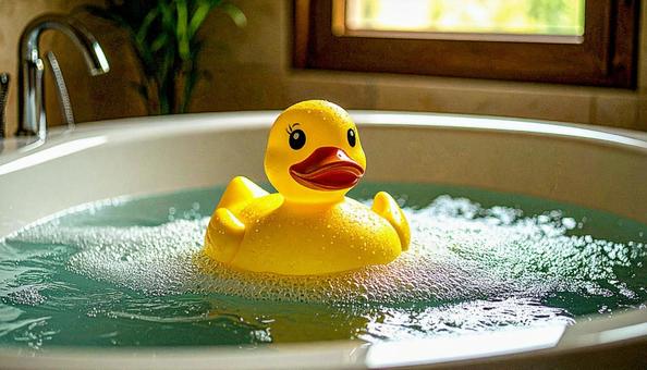 アヒルのおもちゃが浮いているバスルーム アヒルのおもちゃが浮いているバスルームの写真