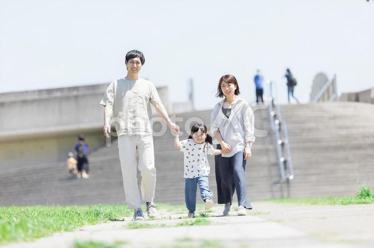 手を繋いで屋外を散歩する親子 家族,ファミリー,人物の写真素材