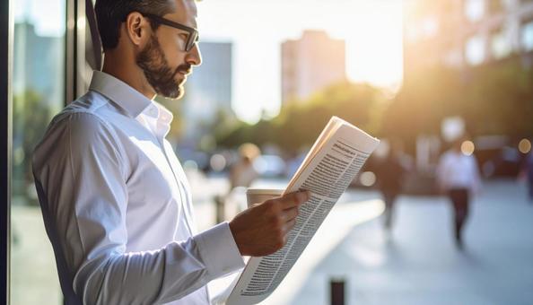 新聞を読むビジネスマンの写真