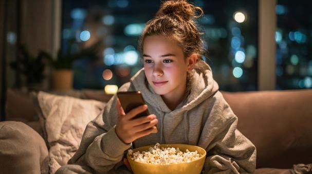 映画鑑賞中にスマホを見る10代の少女 映画鑑賞中にスマホを見る10代の少女の写真