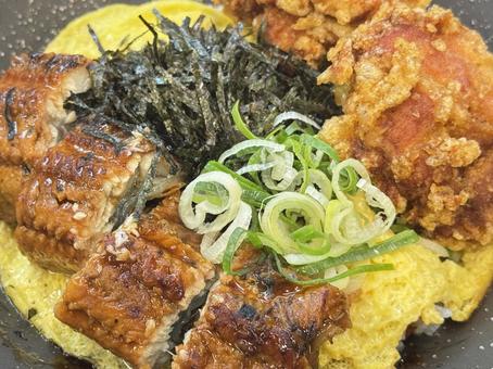 どんぶり どんぶり どんぶり,唐揚げ,うなぎの写真素材