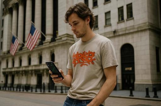 ウォール街前スマホ操作の男性 ウォール街前スマホ操作の男性の写真