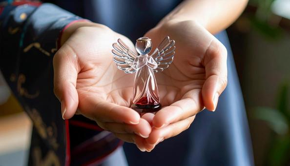 ガラスの天使像を持つ日本人女性の手の写真