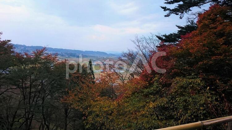 赤く色づきはじめた山から見る田舎風景 紅葉,秋,山の写真素材