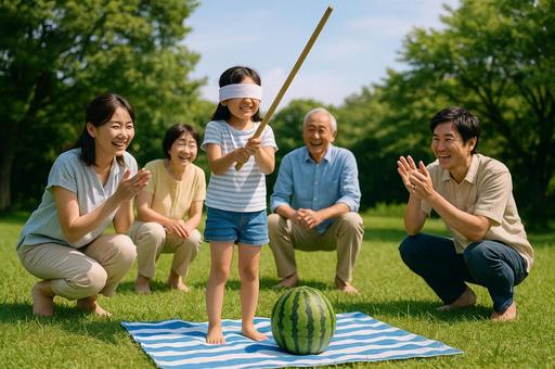 家族で楽しむスイカ割りの写真