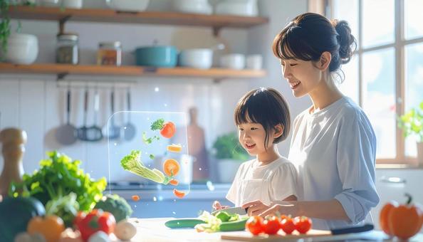 ホログラムで野菜の切り方を学ぶ親子 ホログラムで野菜の切り方を学ぶ親子の写真