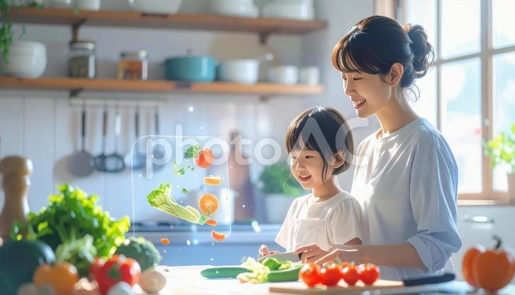 ホログラムで野菜の切り方を学ぶ親子 親子,子ども,ホログラムの写真素材