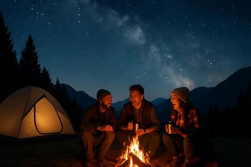 星空と焚き火のキャンプ 星空と焚き火のキャンプの写真