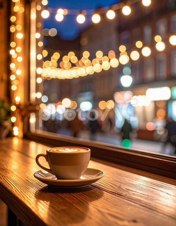 温かい光に包まれたおしゃれなカフェの窓辺 コーヒー,カフェ,夜の写真素材
