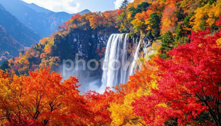 秋の紅葉に囲まれた滝の写真 秋,紅葉,滝の写真素材