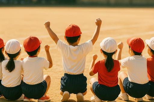 運動会で応援する小学生 赤白帽 運動会で応援する小学生 赤白帽 の写真