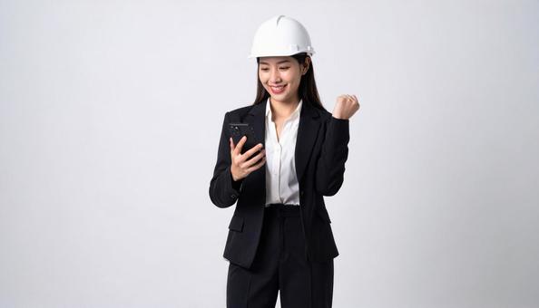 ガッツポーズをするヘルメットの女性 ガッツポーズをするヘルメットの女性の写真