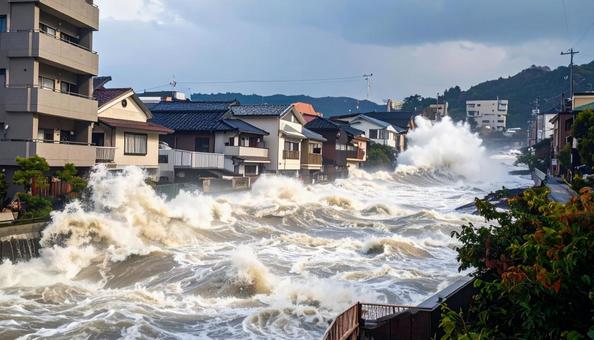 津波が押し寄せる住宅街 津波が押し寄せる住宅街の写真