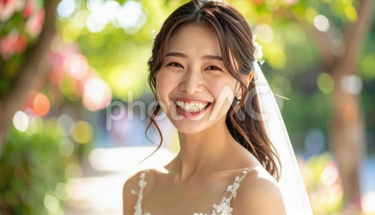 真夏に結婚式を挙げる笑顔の日本人花嫁 花嫁,結婚,夏の写真素材