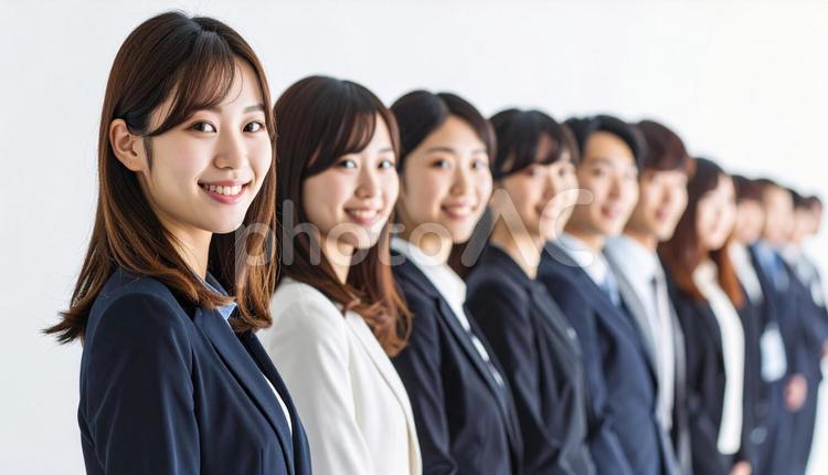 斜めの角度から見た整列する若い会社員 ビジネス,女性,男性の写真素材