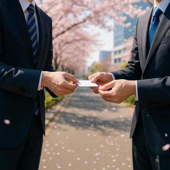 春の名刺交換の写真
