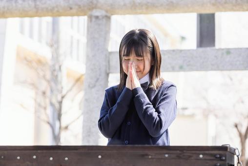 合格祈願する制服を着た学生 合格祈願する制服を着た学生 神社,参拝,学生の写真素材