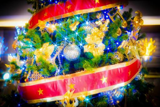 Photo, illumination, christmas tree, ribbon decoration, 