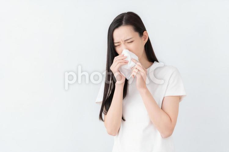 白バックの若い女性 女性,花粉症,ティッシュの写真素材