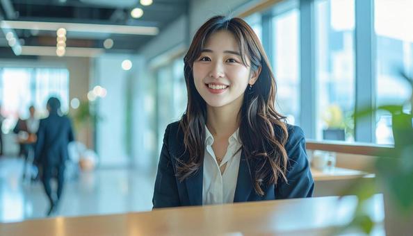 休憩中にリラックスした表情の女性会社員の写真