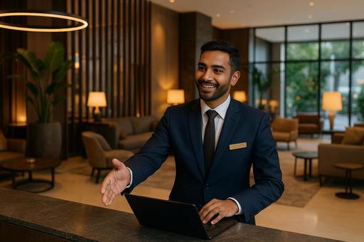 ホテルで接客する外国人スタッフの写真