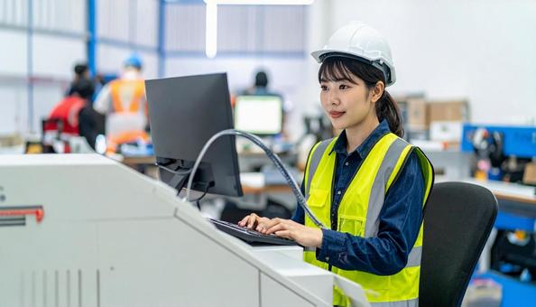 工場の三次元測定機を使う作業服の女性 工場の三次元測定機を使う作業服の女性の写真