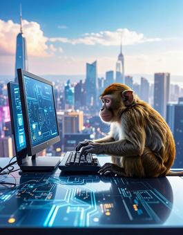 申年フォト・未来都市でパソコン操作する猿の写真