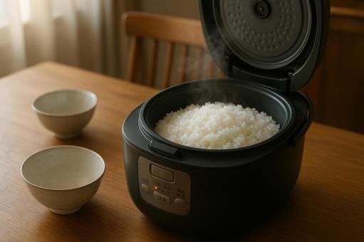炊き立てご飯と炊飯器 炊き立てご飯と炊飯器の写真