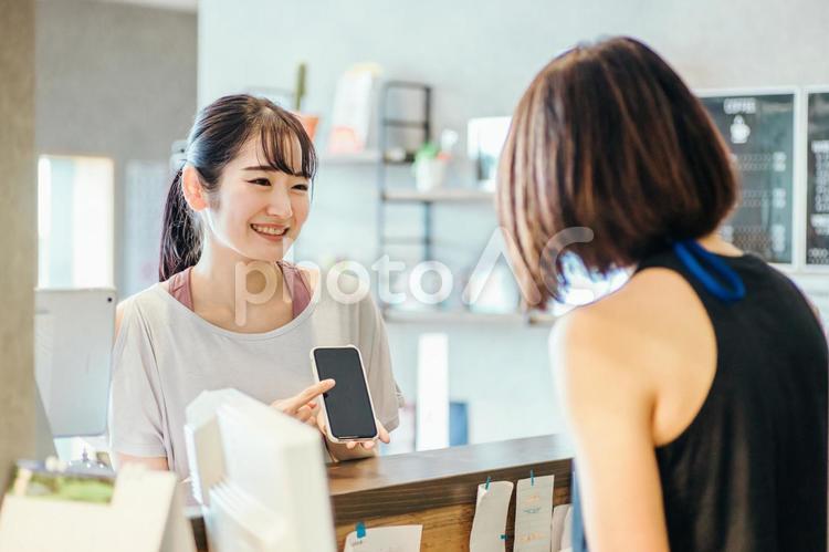 受付でスマホを出す女性 スマホ,受付,ポイントの写真素材