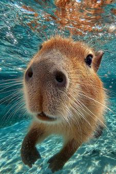 水面から差し込む光とカピバラ 水面から差し込む光とカピバラの写真