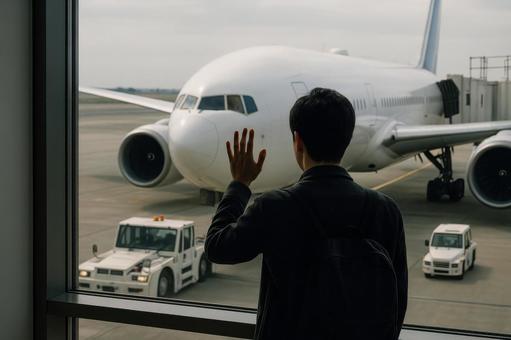 窓から機体を眺める男性 窓から機体を眺める男性の写真