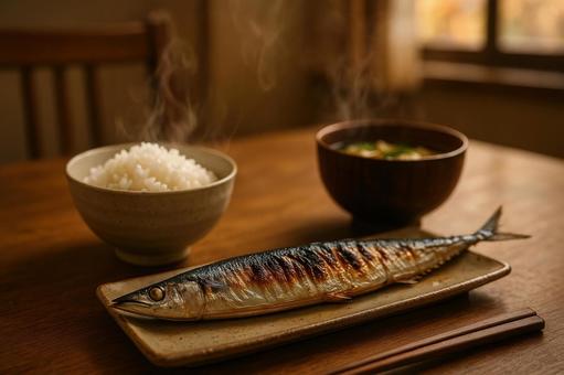ご飯と焼き秋刀魚 ご飯と焼き秋刀魚の写真