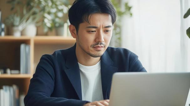 リモートワーク中の真剣な表情の男性 リモートワーク中の真剣な表情の男性の写真