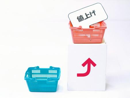 買い物かご、値上げ、矢印 買い物かご,値上げ,矢印の写真素材