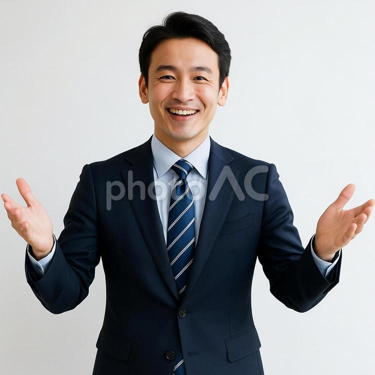 歓迎のジェスチャーをするビジネスマン ビジネスマン,スーツ,笑顔の写真素材