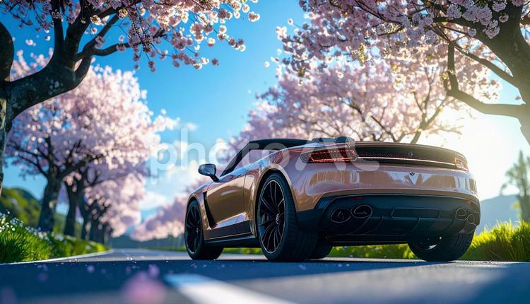 桜並木を走るオープンカー 道,車,青空の写真素材