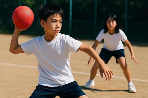 ドッチボールに集中する子供・小学生・真剣 ドッチボールに集中する子供・小学生・真剣の写真