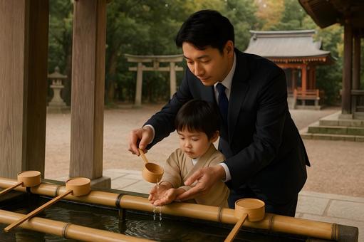 神社で手水をする親子 神社で手水をする親子の写真