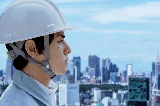 Profile of construction workers against the backdrop of the city, opérateur de construction, ville, travailleur, JPG