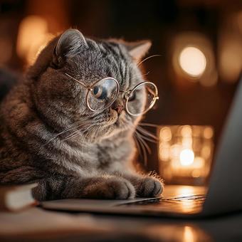 An intelligent cat and digital devices, cat, glasses, laptop, JPG