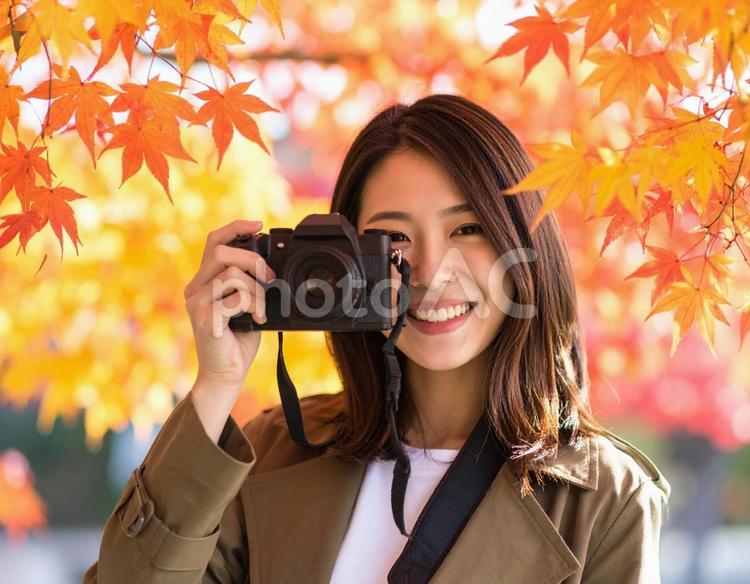 美しい秋の紅葉と日本人女性モデル　秋9 秋,紅葉,日本人女性の写真素材