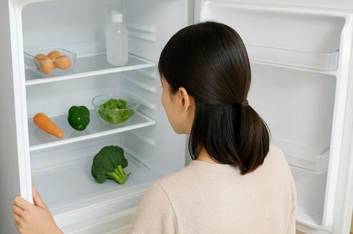 冷蔵庫の中を確認する女性・節約生活・献立 冷蔵庫の中を確認する女性・節約生活・献立の写真