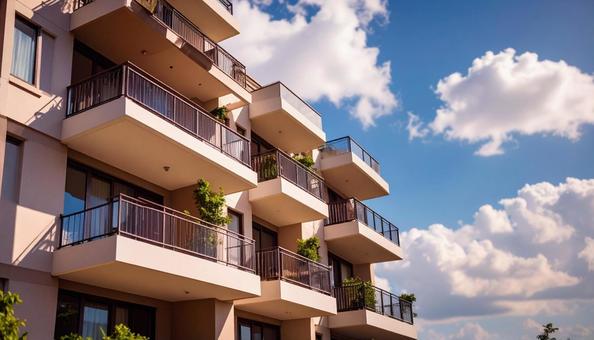 マンションを見上げる 青空背景 マンションを見上げる 青空背景の写真