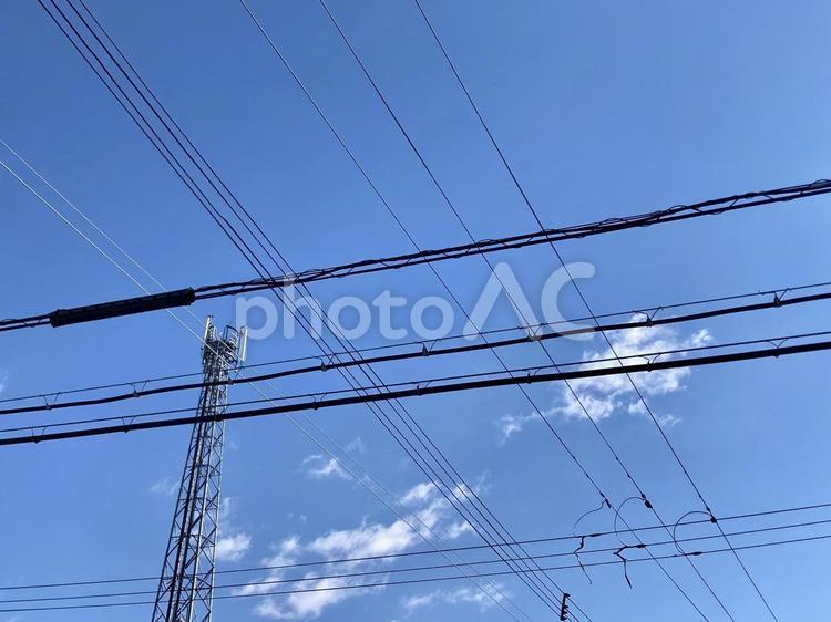 青空と電線 青空,雲,電線の写真素材