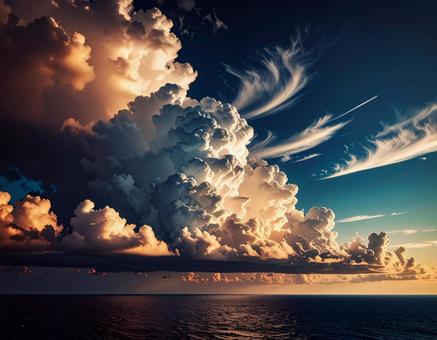 Landscape with ocean and big clouds, sea, summer, wave, JPG