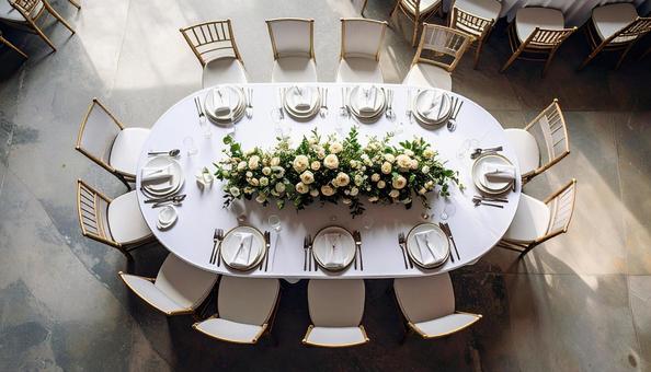 結婚式場のまだ食事が乗っていないテーブル 結婚式場のまだ食事が乗っていないテーブルの写真