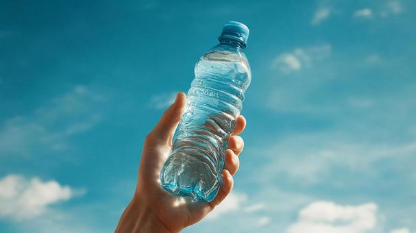 澄み切った空の下、水分補給をする手 澄み切った空の下、水分補給をする手の写真