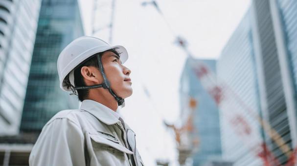 現場を見つめる作業員 現場を見つめる作業員の写真